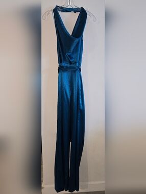 Aidan Mattox Sleeveless Satin Halter Jumpsuit in Teal Blue